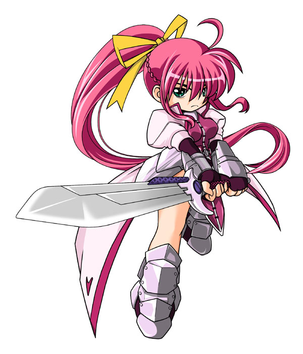 kei (fortune), laevatein (nanoha), signum, lyrical nanoha, mahou shoujo lyrical nanoha, mahou shoujo lyrical nanoha a's, 00s, 1girl, armor, armored boots, boots, dress, female focus, green eyes, hair ribbon, holding, holding sword, holding weapon, juliet sleeves, knee boots, long hair, long sleeves, looking at viewer, pink hair, ponytail, puffy sleeves, ribbon, solo, sword, unsheathed, very long hair, weapon, white dress