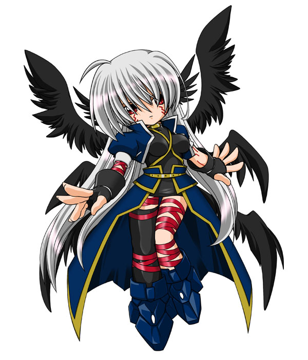 kei (fortune), reinforce, lyrical nanoha, mahou shoujo lyrical nanoha, mahou shoujo lyrical nanoha a's, silver hair, 00s, 1girl, arm belt, asymmetrical clothes, asymmetrical legwear, black wings, chibi, facial mark, female focus, fingerless gloves, gloves, head wings, jacket, leg belt, long hair, magical girl, multiple wings, open clothes, open jacket, red eyes, single thighhigh, solo, thighhighs, uneven legwear, waist cape, winged hair ornament, wings