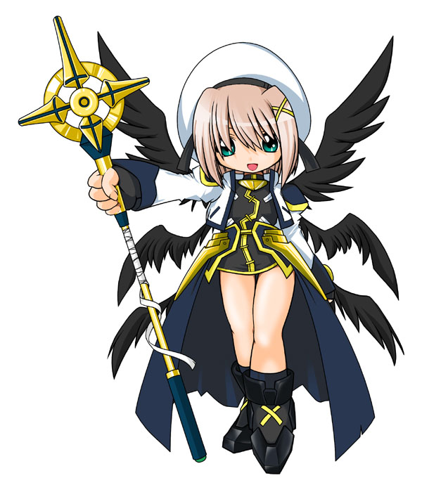 kei (fortune), schwertkreuz, yagami hayate, lyrical nanoha, mahou shoujo lyrical nanoha, mahou shoujo lyrical nanoha a's, 00s, 1girl, :d, bad anatomy, beret, black wings, female focus, hair ornament, hat, holding, holding staff, holding weapon, looking at viewer, multiple wings, open mouth, polearm, poorly drawn, simple background, smile, solo, staff, standing, thigh gap, unison (nanoha), wand, weapon, white background, wings, x hair ornament