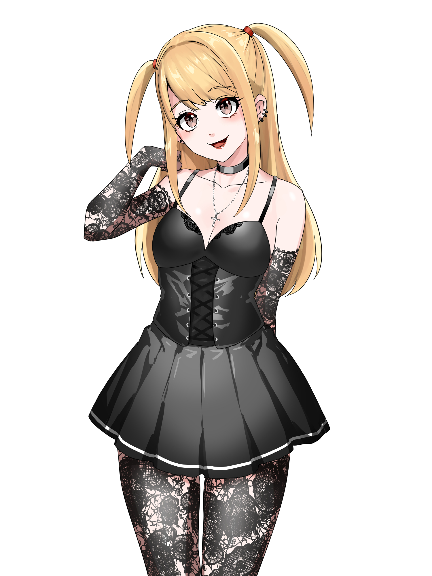 wasabi (legemd), amane misa, death note, commentary request, highres, 1girl, arm behind back, bare shoulders, black choker, black dress, black gloves, black thighhighs, blonde hair, breasts, brown eyes, choker, cleavage, collarbone, cowboy shot, cross, cross-laced clothes, cross-laced dress, cross necklace, dress, earrings, elbow gloves, gloves, jewelry, lace, lace gloves, lace thighhighs, long hair, necklace, open mouth, short dress, simple background, sleeveless, sleeveless dress, small breasts, smile, solo, tachi-e, thighhighs, two side up, white background