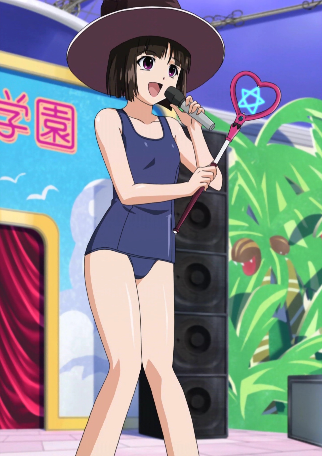 sendou yukari, rosario+vampire, anime screenshot, highres, 00s, 1girl, bob cut, female focus, flat chest, hat, microphone, one-piece swimsuit, school swimsuit, solo, swimsuit, witch hat
