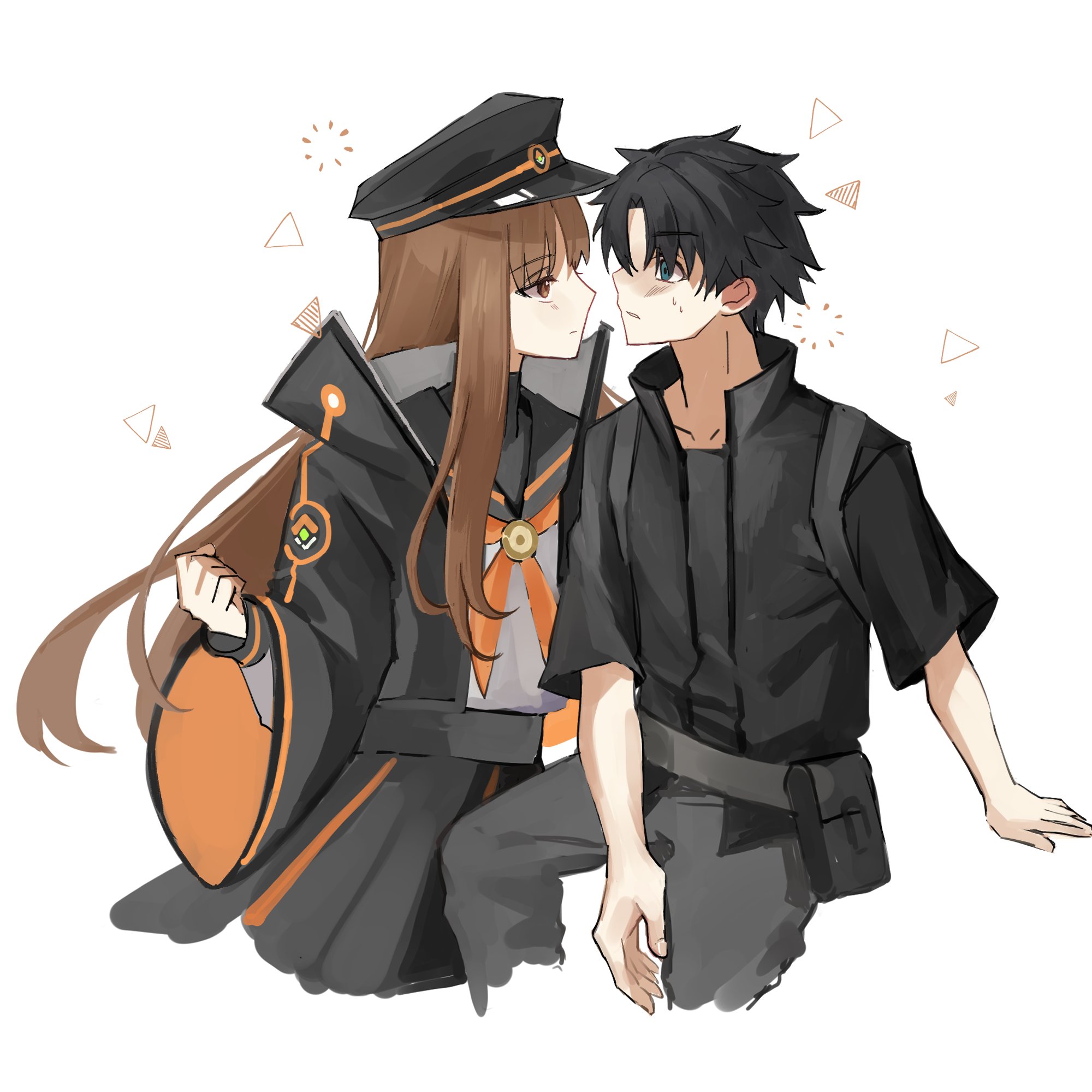 fujimaru ritsuka (male), fujimaru ritsuka (male) (polar chaldea uniform), kishinami hakuno (female), kishinami hakuno (female) (mooncancer), fate/grand order, fate (series), highres, 1boy, 1girl, black hair, black hat, black jacket, black sailor collar, black skirt, blue eyes, brown eyes, brown hair, grey pants, hat, jacket, long hair, long sleeves, military hat, neckerchief, orange neckerchief, orange outline, orange trim, outline, pants, peaked cap, popped collar, remyfate extra, sailor collar, shirt, short hair, skirt