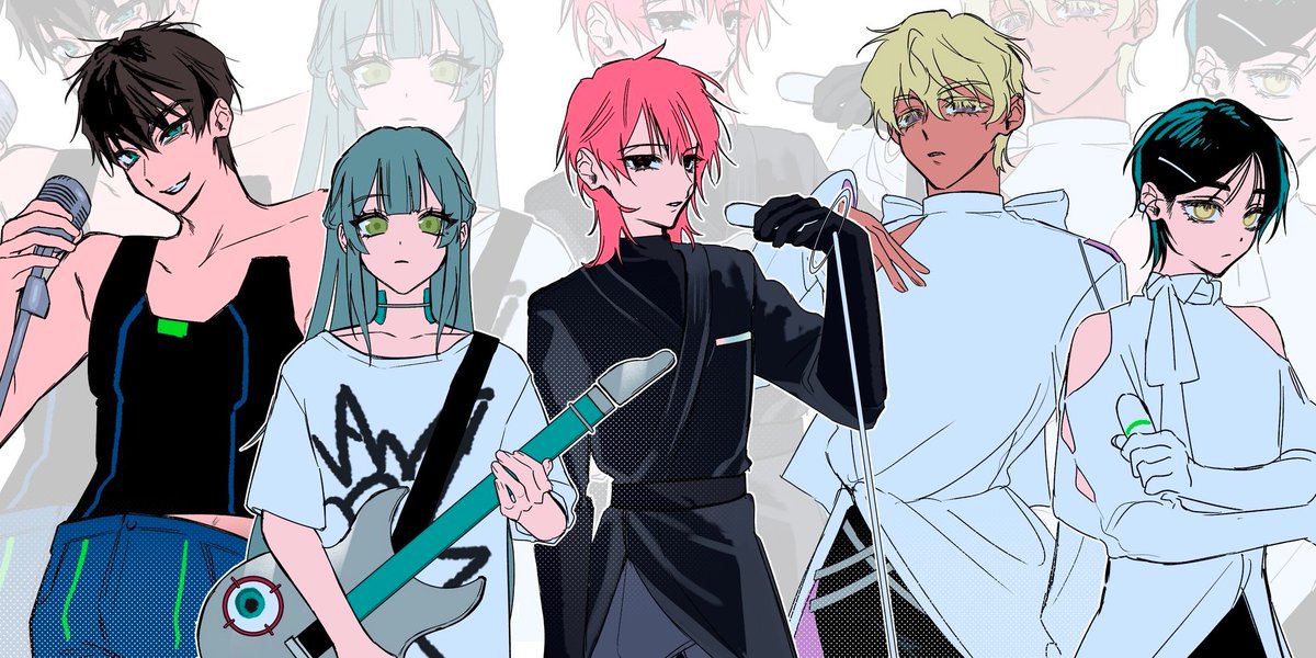 kyon (zmwh8222), hyuna (alien stage), ivan (alien stage), luka (alien stage), sua (alien stage), till (alien stage), alien stage, commentary request, 1girl, 1other, 3boys, black coat, black eyes, black gloves, black hair, black shirt, black tank top, blonde hair, brown hair, clothing cutout, coat, cosplay, dark-skinned male, dark skin, gloves, green eyes, grey hair, guitar, hand on own chest, holding, holding guitar, holding instrument, holding microphone, hyuna (alien stage) (cosplay), instrument, ivan (alien stage) (cosplay), luka (alien stage) (cosplay), microphone, multiple boys, pink hair, print shirt, purple eyes, shirt, shoulder cutout, sua (alien stage) (cosplay), tank top, till (alien stage) (cosplay), white shirt, yellow eyes, zoom layer