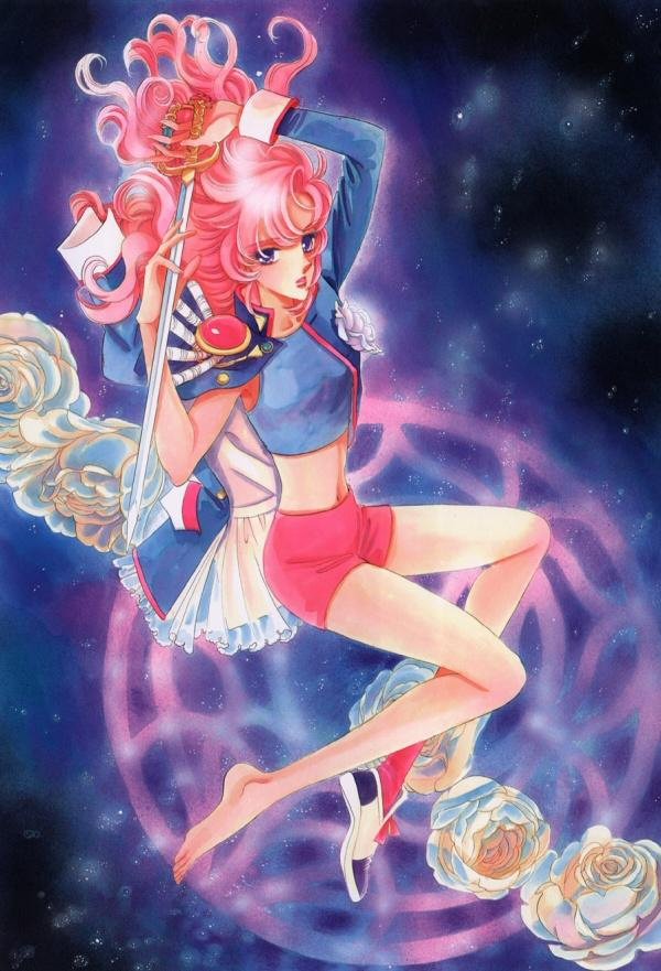 saitou chiho, tenjou utena, shoujo kakumei utena, official art, scan, 1990s (style), 1girl, barefoot, blue eyes, epaulettes, female focus, flower, long hair, pink hair, retro artstyle, rose, shoes, shorts, single shoe, single sock, socks, solo, sword, weapon, white flower, white rose