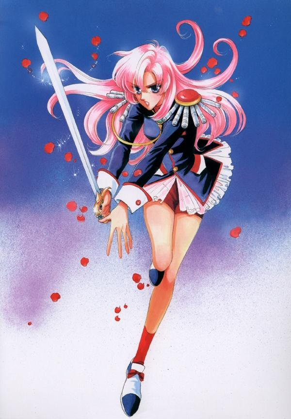 saitou chiho, tenjou utena, shoujo kakumei utena, official art, scan, 1990s (style), 1girl, aiguillette, blue eyes, epaulettes, female focus, long hair, pink hair, retro artstyle, school uniform, serafuku, shorts, solo, sword, weapon