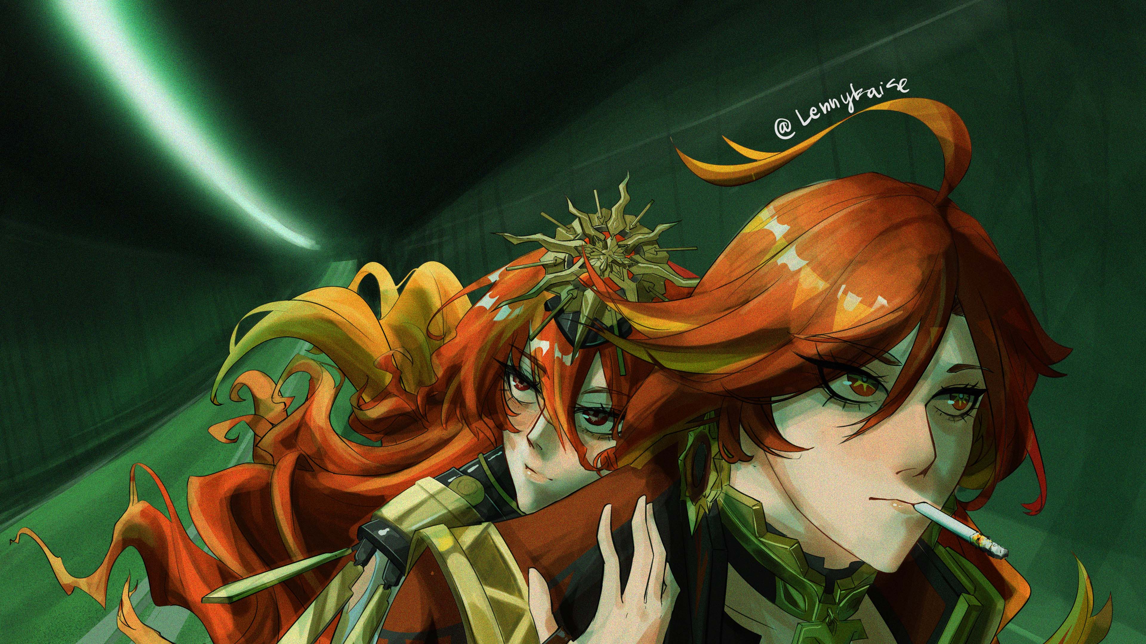 lennykaise, augusta (wuthering waves), mavuika (genshin impact), fallen angels (movie), genshin impact, wuthering waves, absurdres, commentary, english commentary, highres, 2girls, ahoge, cigarette, closed mouth, crossover, hair between eyes, headgear, hug, hug from behind, long hair, look-alike, looking ahead, looking up, multiple girls, orange hair, portrait, red eyes, tunnel, twitter username
