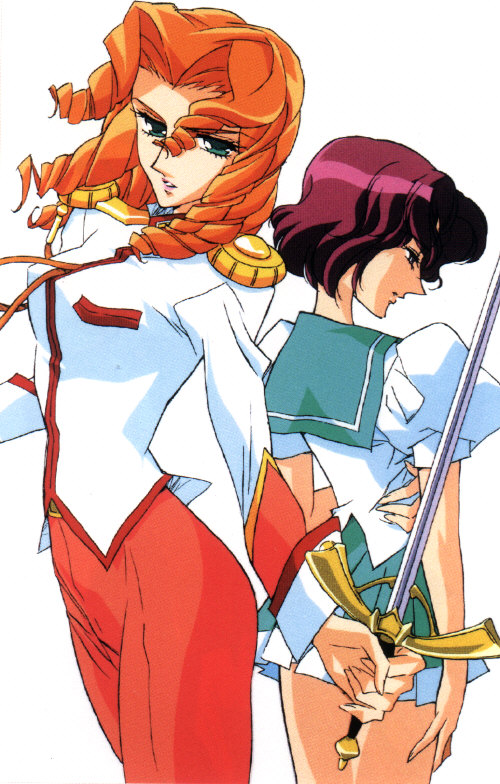 arisugawa juri, takatsuki shiori, shoujo kakumei utena, official art, 1990s (style), 2girls, aiguillette, blue sailor collar, curly hair, green eyes, long hair, multiple girls, orange hair, purple hair, red hair, retro artstyle, sailor collar, school uniform, serafuku, short hair, sword, weapon, white background