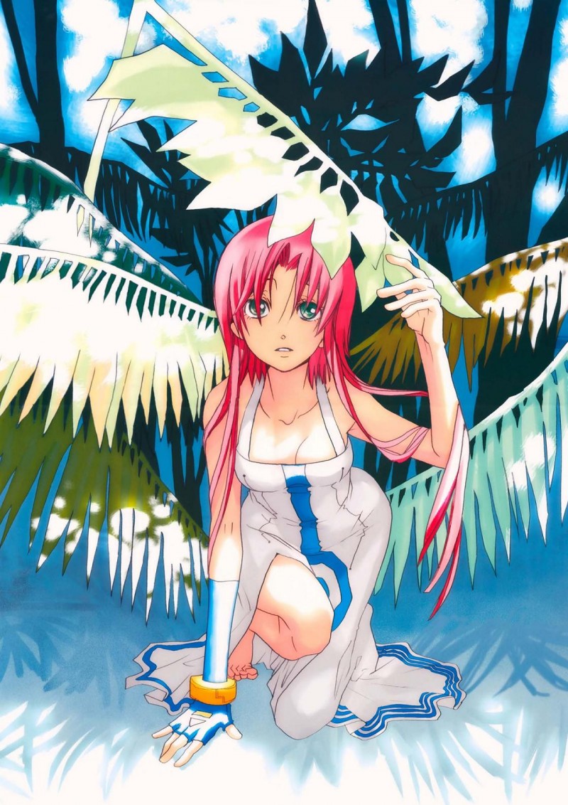 amano kozue, mizunashi akari, aria (manga), official art, 00s, 1girl, alternate hairstyle, arm up, armpits, bare shoulders, breasts, cleavage, collarbone, dress, female focus, fingerless gloves, forest, gloves, green eyes, long hair, looking at viewer, nature, outdoors, palm tree, pink hair, plant, short hair with long locks, side slit, single glove, solo, tree, white dress