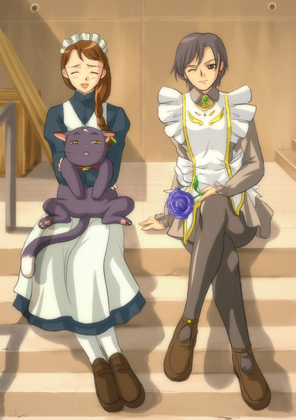 aoi senoh, chie hallard, mikoto (cat), mikoto (my-otome), my-hime, my-otome, black legwear, white legwear, 00s, 2girls, :d, ^ ^, apron, arm support, black cat, black hair, blue flower, blue rose, blush, braid, brown hair, cat, closed eyes, collar, crossed legs, dress, earrings, facial mark, flower, forehead mark, gem, hair between eyes, holding, hug, hug from behind, jewelry, loafers, long hair, maid, maid apron, maid headdress, multiple girls, one eye closed, open mouth, pantyhose, plump, rose, shoes, short hair, side braid, single braid, sitting, sitting on lap, sitting on person, sitting on stairs, smile, stairs, swept bangs, thighhighs, wink