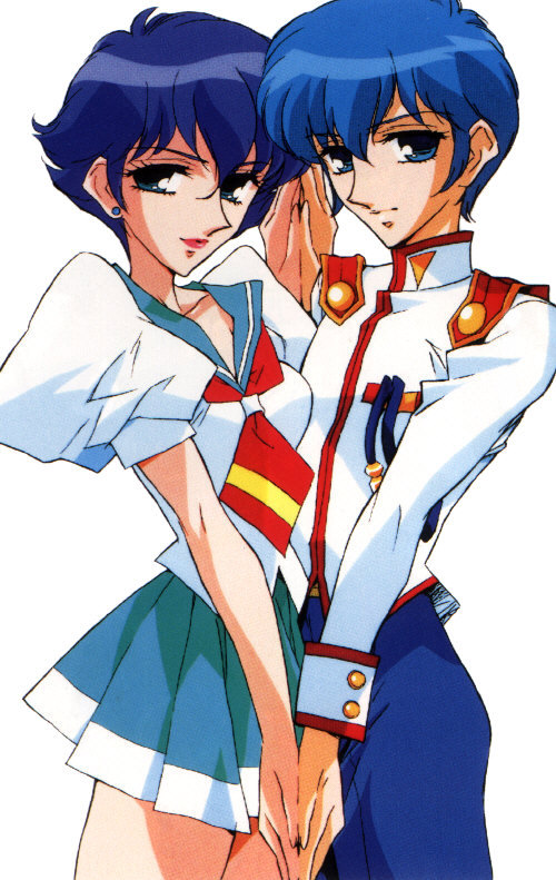 kaoru kozue, kaoru miki, shoujo kakumei utena, official art, 1990s (style), 1boy, 1girl, aiguillette, bishounen, blue eyes, blue hair, blue sailor collar, brother and sister, earrings, flipped hair, jewelry, retro artstyle, sailor collar, school uniform, serafuku, short hair, siblings, twins