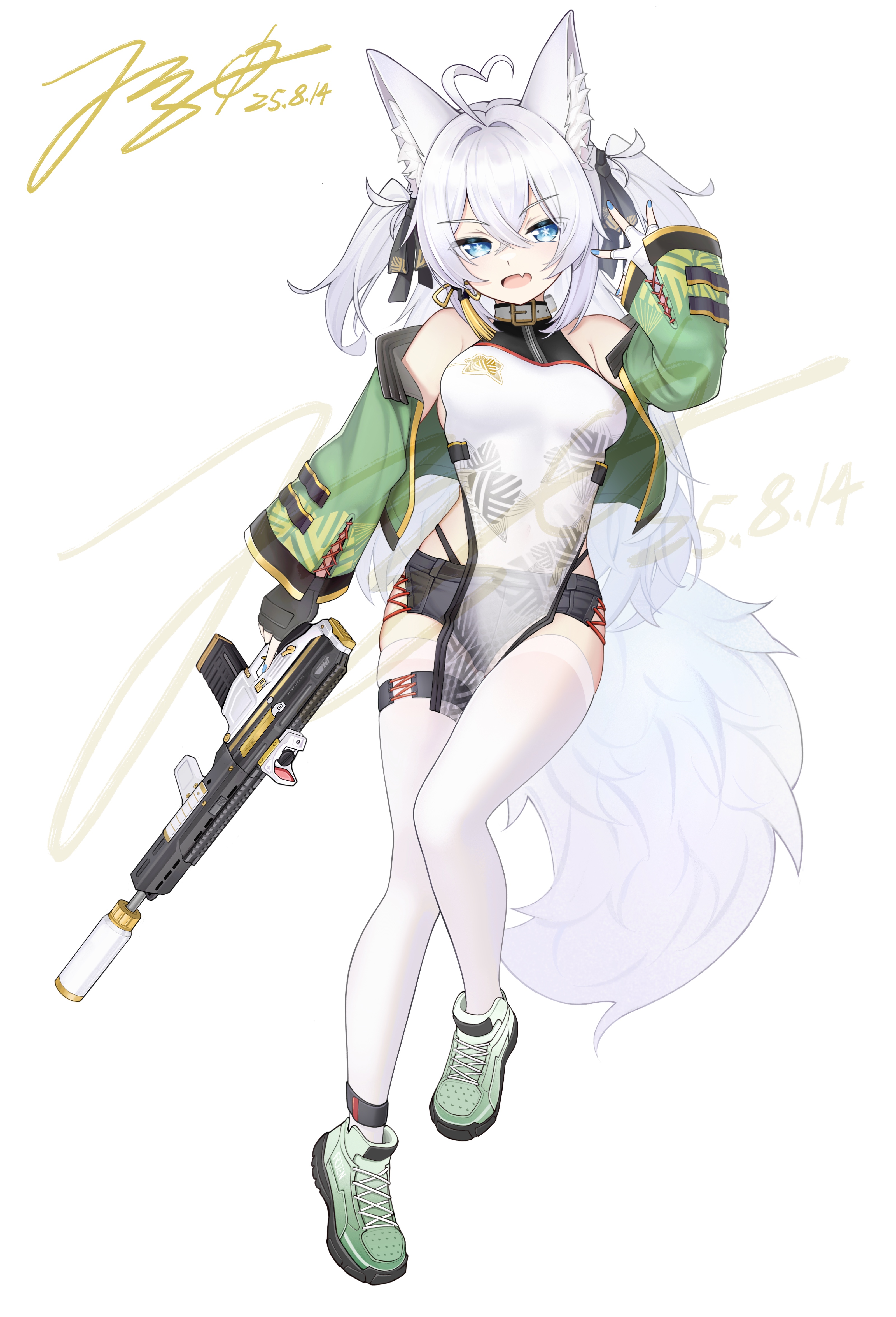 jerry wang, original, absurdres, chinese commentary, commentary request, commission, highres, 1girl, adaptive combat rifle, ahoge, animal ear fluff, animal ears, assault rifle, asymmetrical gloves, black bow, black gloves, black shorts, blue nails, bow, breasts, china dress, chinese clothes, choker, crossed bangs, dated, dress, earrings, fang, fingerless gloves, fluffy, fox, fox girl, full body, gloves, green jacket, gun, hair bow, hair intakes, holding, holding gun, holding weapon, jacket, jewelry, long hair, long sleeves, magazine (weapon), mismatched gloves, off shoulder, open clothes, open jacket, open mouth, optical sight, pelvic curtain, print dress, rifle, see-through clothes, see-through dress, shoes, short shorts, shorts, side slit, signature, simple background, skin fang, skindentation, sleeveless, sleeveless dress, small breasts, sneakers, solo, suppressor, suspender shorts, suspenders, symbol-shaped pupils, tassel, tassel earrings, thigh strap, thighhighs, two side up, vertical foregrip, watermark, weapon, white background, white choker, white gloves, white hair, white shoes, white tail, white thighhighs