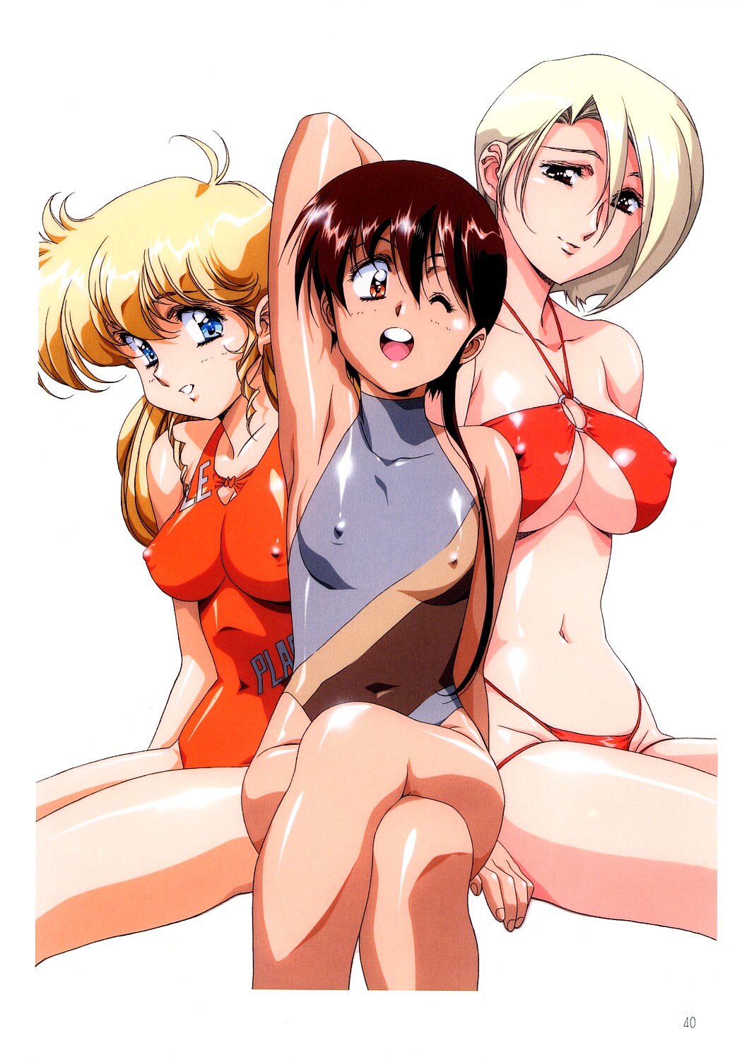 urushihara satoshi, ellyse aldomordish, mei lin jones, tita, tita mu koshigaya, plastic little, highres, scan, scan artifacts, 1990s (style), 3girls, arm up, armpits, bikini, black eyes, black hair, blonde hair, blue eyes, blush, bob cut, breasts, brown eyes, brown hair, casual one-piece swimsuit, cleavage cutout, clothing cutout, covered erect nipples, crossed legs, flat chest, highleg, highleg bikini, large breasts, lipstick, long hair, makeup, multiple girls, o-ring, o-ring bikini, o-ring top, one-piece swimsuit, one eye closed, orange eyes, retro artstyle, ring bikini top, shiny clothes, short hair, simple background, sitting, smile, swimsuit, tan, turtleneck, underboob, wink