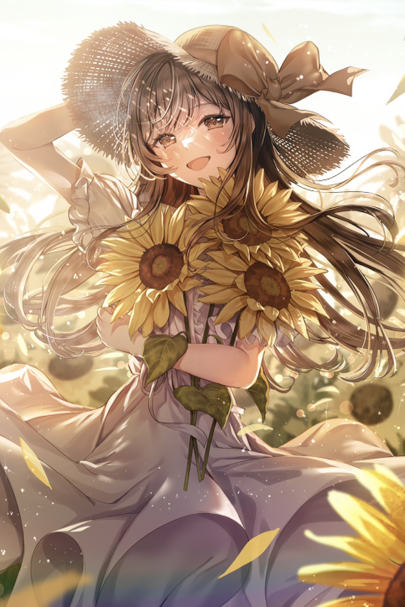 sakura (39ra), original, highres, 1girl, blush, bow, brown bow, brown eyes, brown hair, dress, field, flower, flower field, hat, hat bow, holding, long hair, looking at viewer, open mouth, outdoors, short sleeves, smile, solo, straw hat, sun hat, sunflower, sunflower field, sunlight, white dress