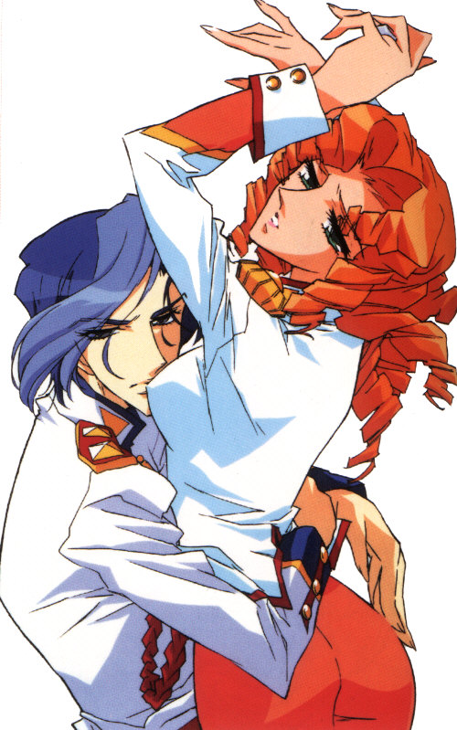 arisugawa juri, tsuchiya ruka, shoujo kakumei utena, official art, 1990s (style), 1boy, 1girl, blue hair, curly hair, green eyes, hetero, hug, orange hair, retro artstyle, white background