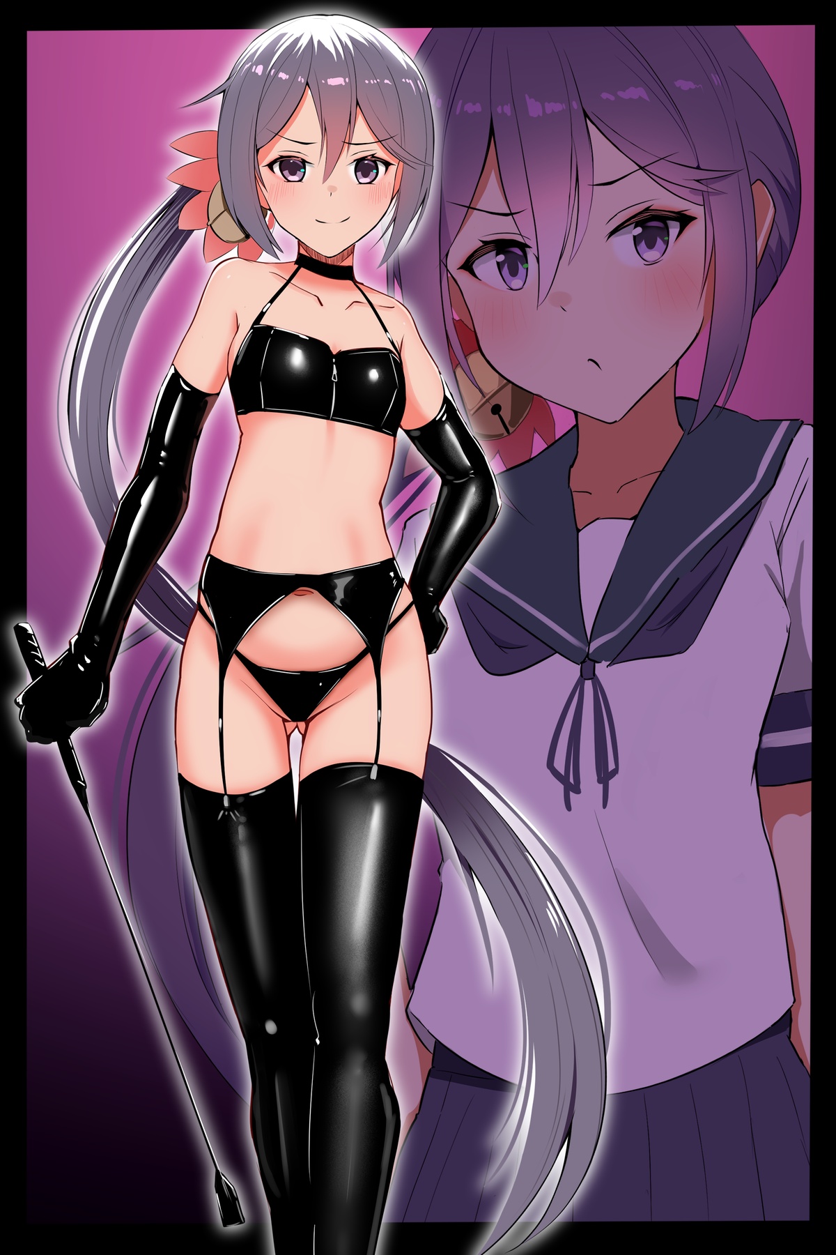 katsuten, akebono (kancolle), kantai collection, highres, 1girl, blue sailor collar, blue skirt, bondage outfit, breasts, dominatrix, dual persona, elbow gloves, garter belt, garter straps, gloves, hand on own hip, holding, holding riding crop, long hair, low ponytail, navel, ponytail, purple eyes, purple hair, riding crop, sailor collar, shiny clothes, skirt, small breasts, smile, thighhighs, very long hair