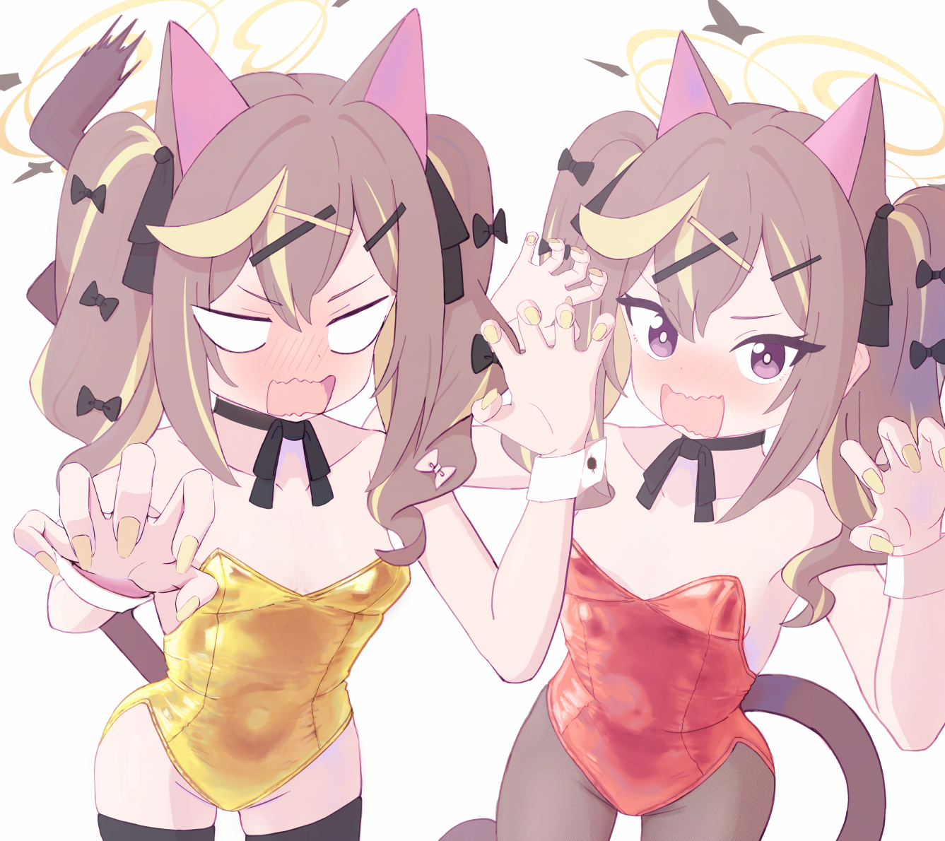 freshd 0325, rena (blue archive), blue archive, commentary, 2girls, alternate costume, animal ears, bare arms, bare shoulders, black bow, black pantyhose, black ribbon, black thighhighs, blank eyes, blonde hair, blush, bow, breasts, brown hair, cat ears, cat tail, claw pose, collarbone, double-parted bangs, dual persona, embarrassed, hair bow, hair ornament, hair ribbon, hairclip, halo, kittysuit, leotard, looking at viewer, multicolored hair, multiple girls, nail polish, neck ribbon, nontraditional playboy bunny, nose blush, open mouth, pantyhose, purple eyes, red leotard, ribbon, simple background, small breasts, strapless, strapless leotard, streaked hair, tail, thighhighs, twintails, two-tone hair, wavy mouth, white background, wrist cuffs, yellow halo, yellow leotard, yellow nails