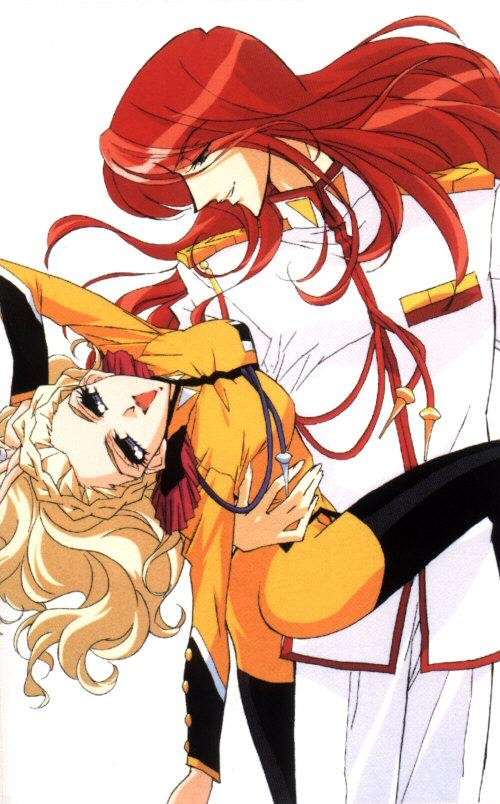 kiryuu nanami, kiryuu touga, shoujo kakumei utena, official art, 1990s (style), 1boy, 1girl, aiguillette, bishounen, blonde hair, brother and sister, long hair, open mouth, red hair, retro artstyle, school uniform, serafuku, siblings