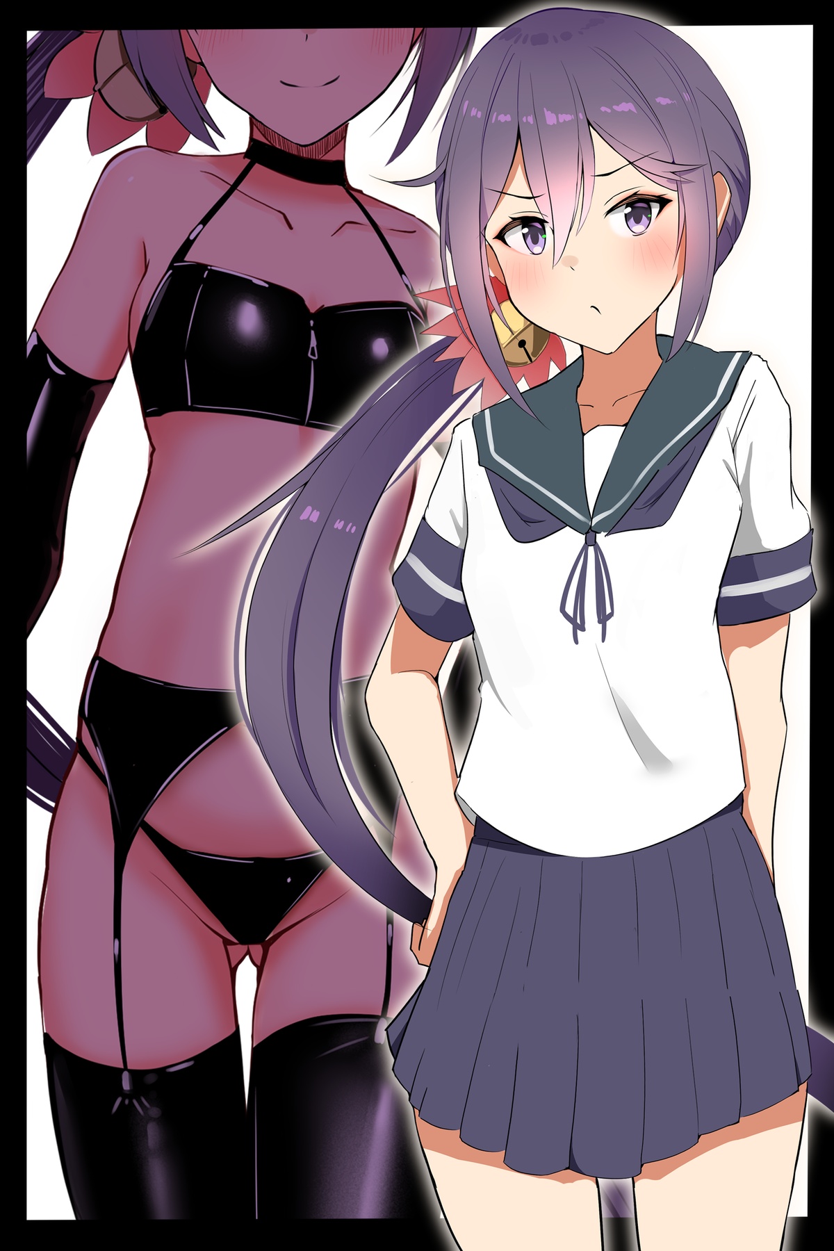 katsuten, akebono (kancolle), kantai collection, highres, 1girl, blue sailor collar, blue skirt, bondage outfit, breasts, dominatrix, dual persona, elbow gloves, garter belt, garter straps, gloves, hand on own hip, long hair, low ponytail, navel, ponytail, purple eyes, purple hair, sailor collar, shiny clothes, skirt, small breasts, smile, thighhighs, very long hair