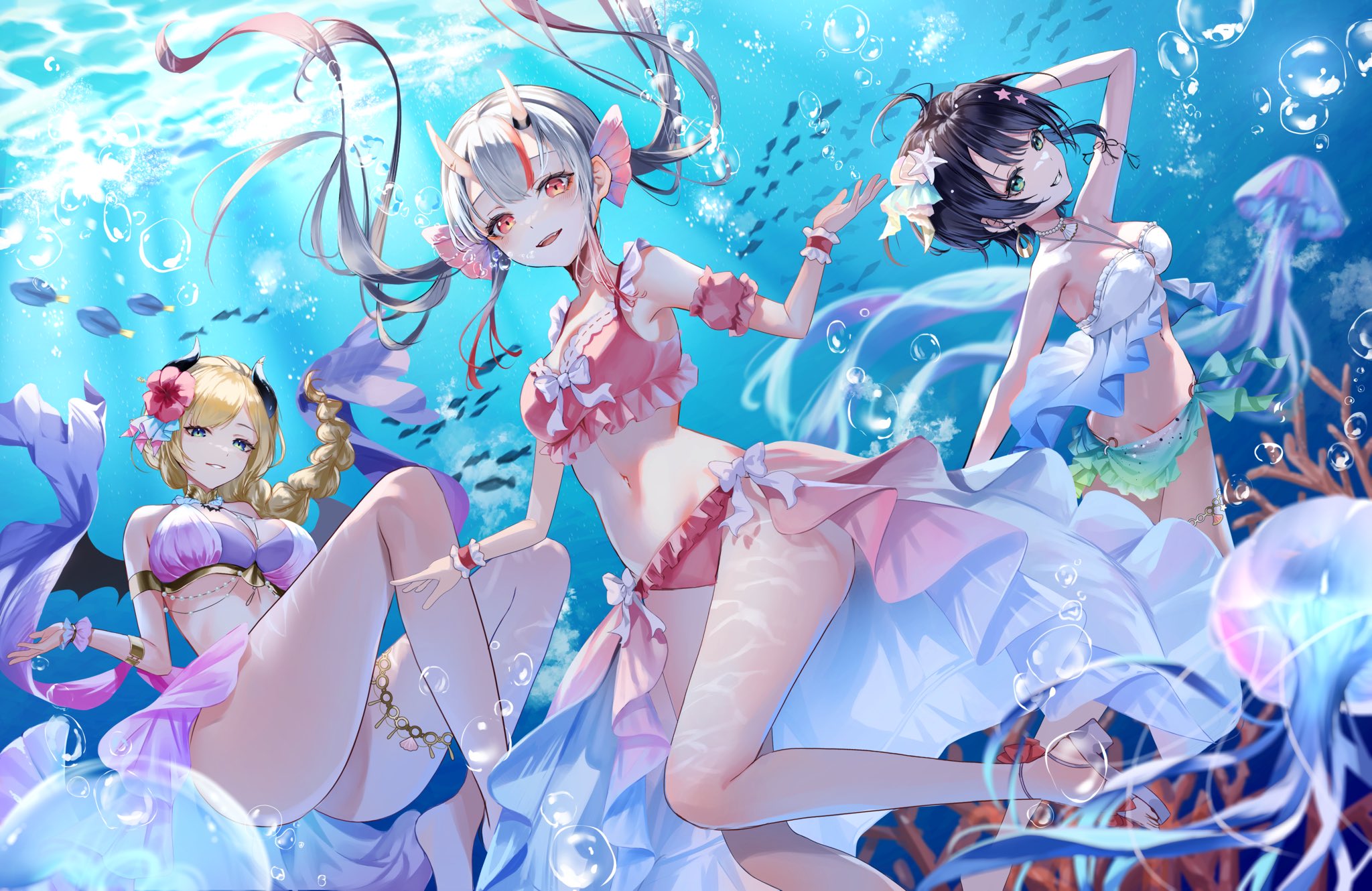 karanashi noma, nakiri ayame, nakiri ayame (holonatsu paradise), oozora subaru, oozora subaru (holonatsu paradise), yuzuki choco, yuzuki choco (holonatsu paradise), hololive, holonatsu paradise, hashtag-only commentary, highres, 2nd generation (hololive), 3girls, :d, armlet, bikini, black hair, black horns, blonde hair, blue eyes, bracelet, braid, braided ponytail, breasts, center-flap bangs, closed eyes, closed mouth, day, demon girl, demon horns, demon tail, demon wings, detached sleeves, dress, earrings, feet, fish, frilled bikini, frilled dress, frills, gradient hair, grey hair, grin, hair between horns, horns, jewelry, large breasts, legs, long hair, looking at viewer, medium breasts, multicolored hair, multiple girls, navel, necklace, official alternate costume, official alternate hairstyle, oni, open mouth, outdoors, parted lips, pink bikini, pink hair, pink skirt, pointy ears, puffy detached sleeves, puffy short sleeves, puffy sleeves, purple bikini, purple sarong, red eyes, red hair, sandals, sarong, short hair, short sleeves, showgirl skirt, sidelocks, skin-covered horns, skirt, smile, stomach, strapless, strapless bikini, streaked hair, swept bangs, swimsuit, tail, thighlet, toes, twintails, underwater, virtual youtuber, white bikini, wings