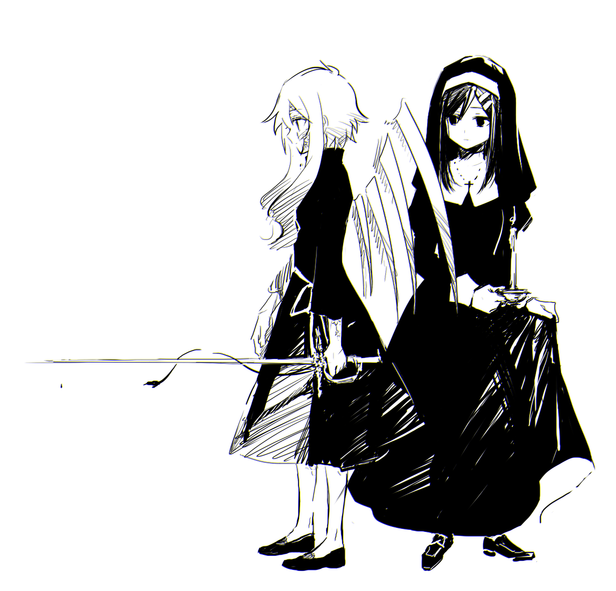 aaniko, kozakura marry, tateyama ayano, kagerou project, commentary request, 2girls, alternate costume, closed mouth, cross, cross necklace, dress, expressionless, full body, greyscale, hair ornament, hairclip, holding, holding sword, holding weapon, jewelry, loafers, long sleeves, looking ahead, looking to the side, monochrome, multiple girls, necklace, nun, scales, shoes, simple background, skirt hold, standing, sword, wavy hair, weapon, white background, wings