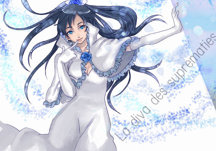 diva, diva (blood+), blood+, 00s, 1girl, black hair, blue eyes, blue flower, blue rose, dress, elbow gloves, female focus, flower, gloves, long hair, rose, solo