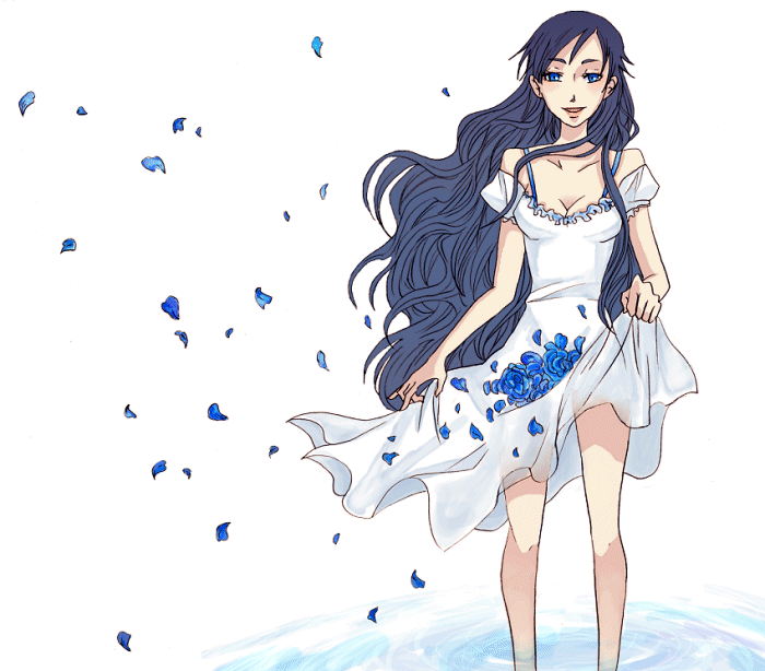diva, diva (blood+), blood+, 00s, 1girl, black hair, blue eyes, blue flower, blue rose, breasts, dress, female focus, flower, long hair, petals, rose, skirt basket, skirt hold, solo, water, white dress, wind