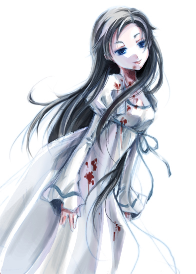 tokitsukaze otoha, diva, diva (blood+), blood+, 00s, 1girl, black hair, blood, blue eyes, dress, female focus, flower, long hair, rose, simple background, smirk, solo, white dress