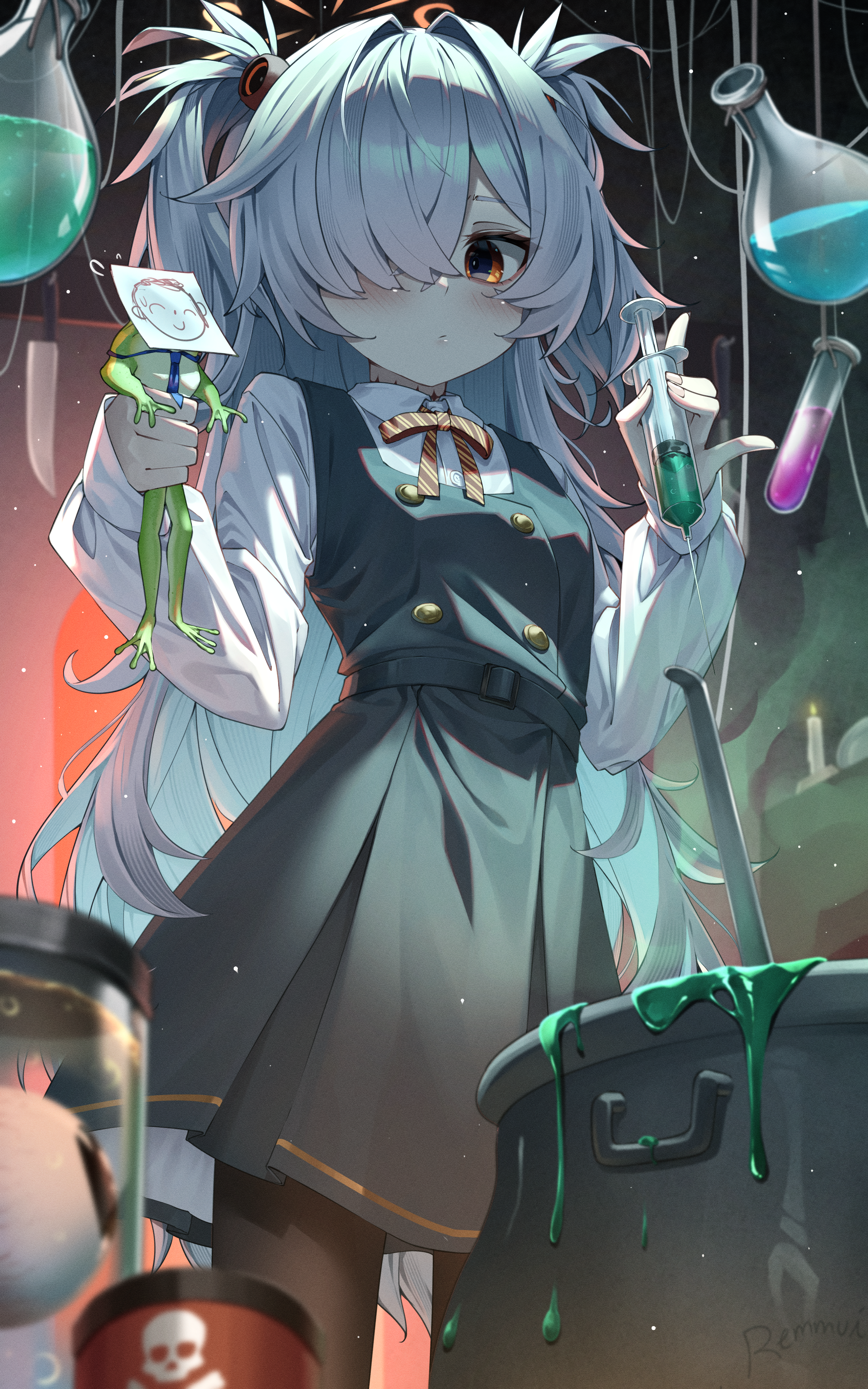 maeru, kanoe (blue archive), blue archive, absurdres, highres, 1girl, dress, hair over one eye, holding, long hair, long sleeves, looking at viewer, shirt, solo, white shirt