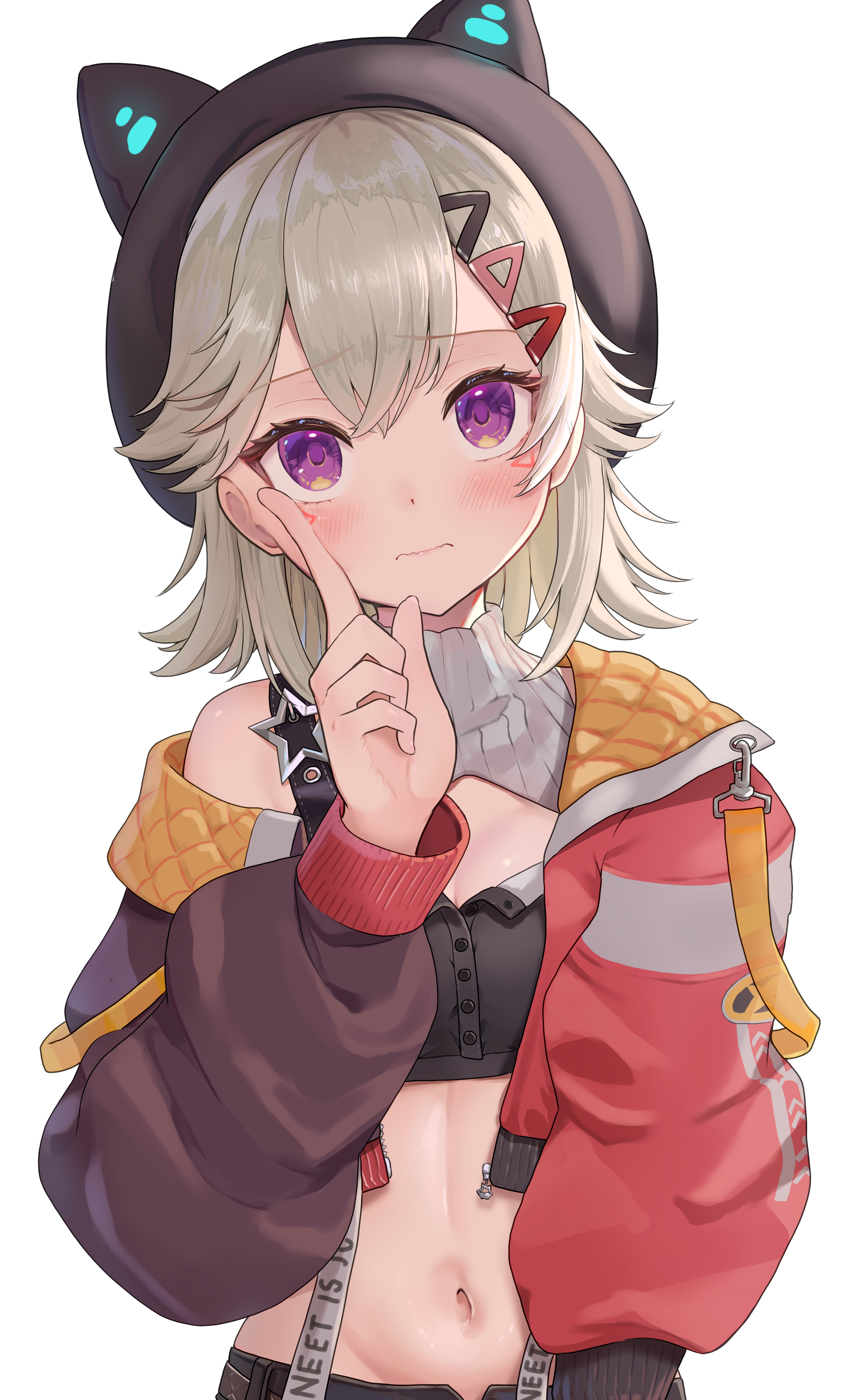 sasamin, komori met, vspo!, absurdres, highres, 1girl, animal ear headwear, black hat, black pants, blonde hair, blush, breasts, crop top, fake animal ears, hair ornament, hairclip, hat, jacket, long sleeves, looking at viewer, medium hair, multicolored jacket, open clothes, pants, purple eyes, simple background, small breasts, solo, stomach, upper body, virtual youtuber, white background