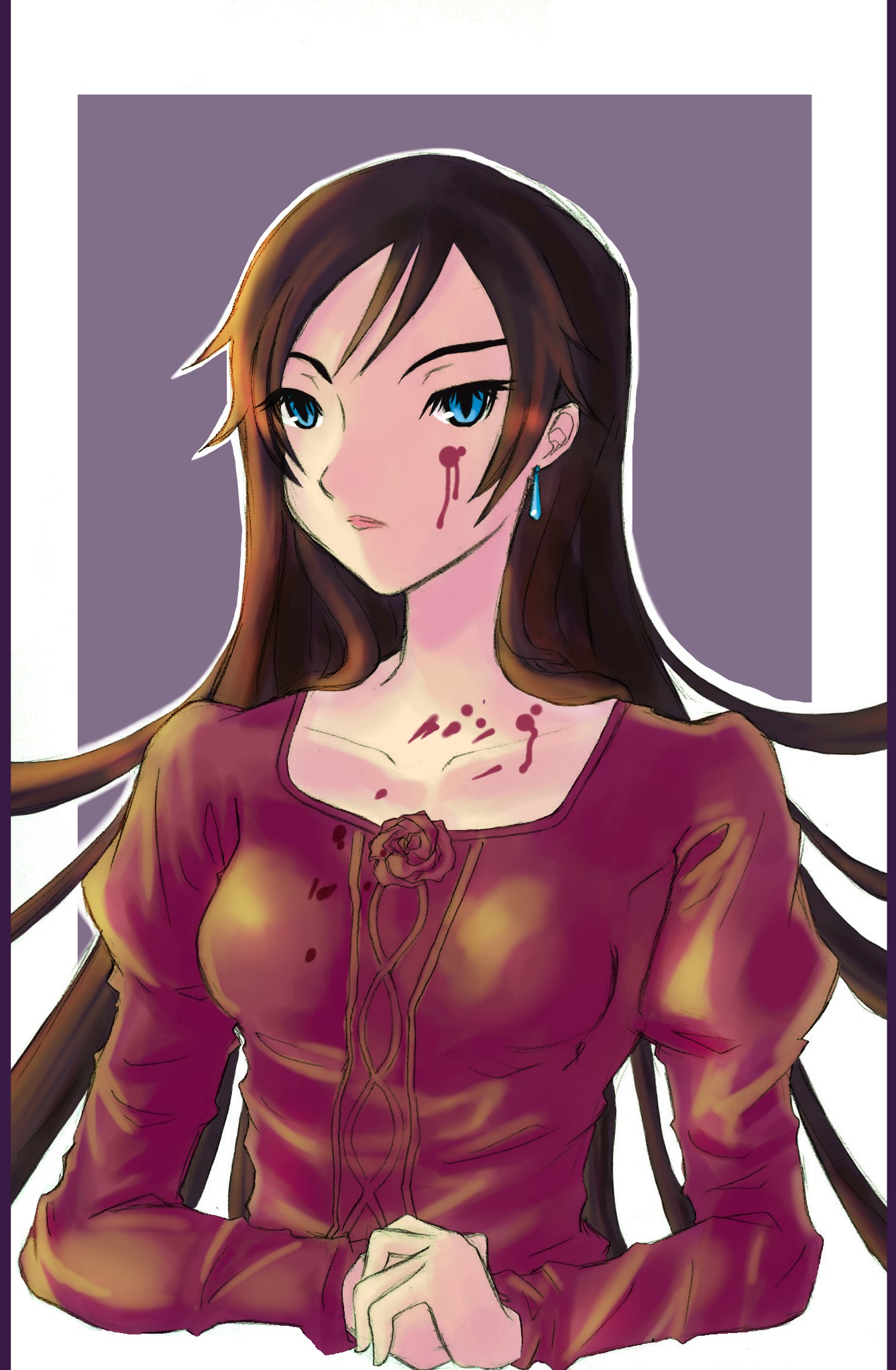 diva, blood+, highres, 00s, black hair, blood, blue eyes, dress, long hair