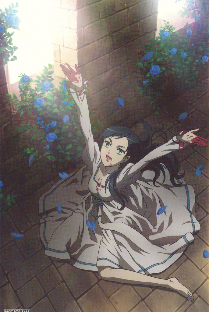 diva, diva (blood+), blood+, official art, scan, 00s, 1girl, barefoot, black hair, blood, blue eyes, blue flower, blue rose, breasts, dress, female focus, flower, long hair, petals, rose, sitting, solo