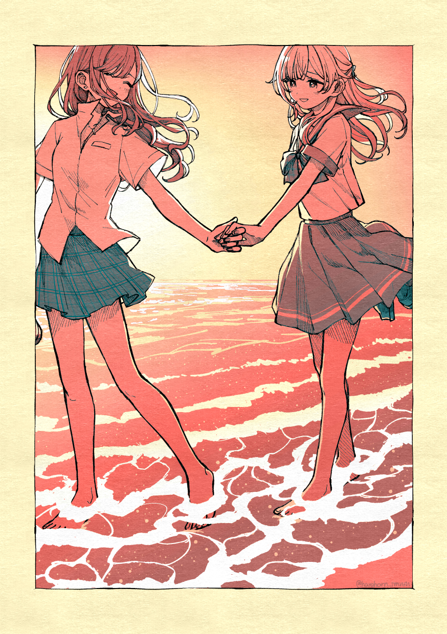 haremoto, commentary request, copyright request, highres, 2girls, :d, ^ ^, barefoot, border, closed eyes, earrings, holding hands, jewelry, limited palette, long hair, looking at another, multiple girls, ocean, open mouth, outdoors, parted lips, plaid clothes, plaid skirt, pleated skirt, sailor collar, sailor shirt, school uniform, shirt, short sleeves, skirt, smile, twitter username, wading, white shirt
