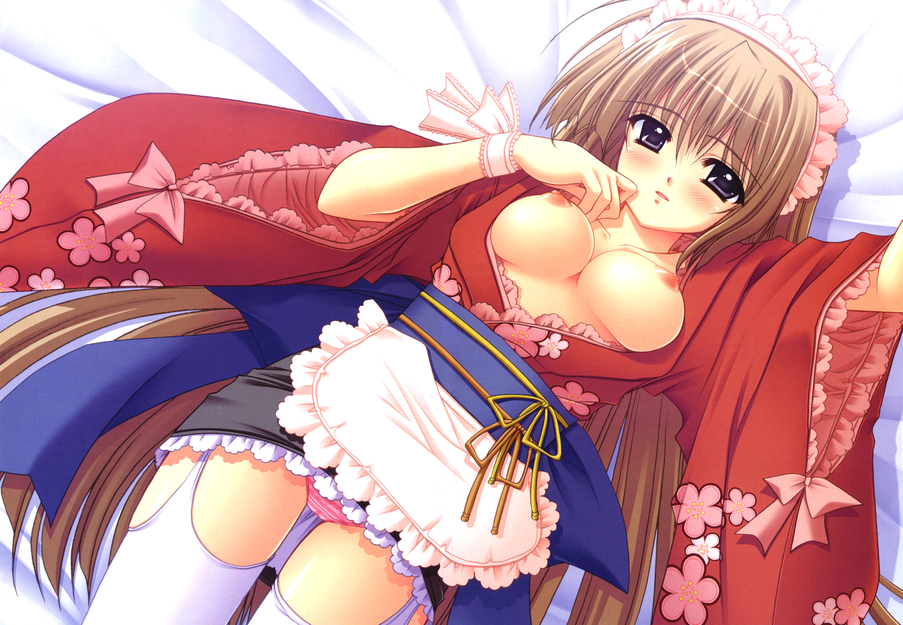 nishimata aoi, madeleine (ne~pon? x rai pon!), ne~pon? x rai pon!, highres, scan, 1girl, apron, blue eyes, blush, bonnet, breasts, brown hair, female focus, floral print, frilled kimono, frills, grey eyes, japanese clothes, kimono, kimono skirt, lolita fashion, long hair, looking at viewer, lying, maid, maid apron, maid headdress, nipples, no bra, obi, panties, ribbon, sash, skirt, solo, striped clothes, striped panties, thighhighs, underwear, very long hair, wa lolita