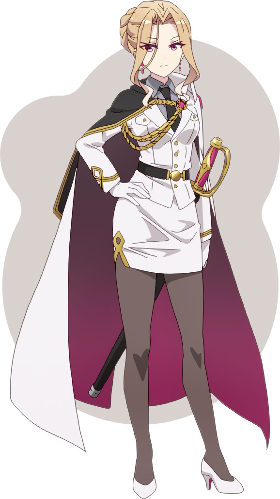 fuzichoco, prima doll (anime), official art, 1girl, anime coloring, belt, black belt, black necktie, black pantyhose, blonde hair, braid, braided bun, breasts, cloak, closed mouth, collared shirt, curtained hair, eyeliner, full body, gloves, grey background, grey shirt, hair bun, hand on own hip, high heels, holding, holding sword, holding weapon, jacket, large breasts, looking at viewer, makeup, necktie, okunomiya otome, pantyhose, pencil skirt, pink eyeliner, pink eyes, scabbard, sheath, shirt, shoes, skirt, solo, standing, sword, tsurime, two-tone background, weapon, white background, white gloves, white jacket, white shoes, white skirt