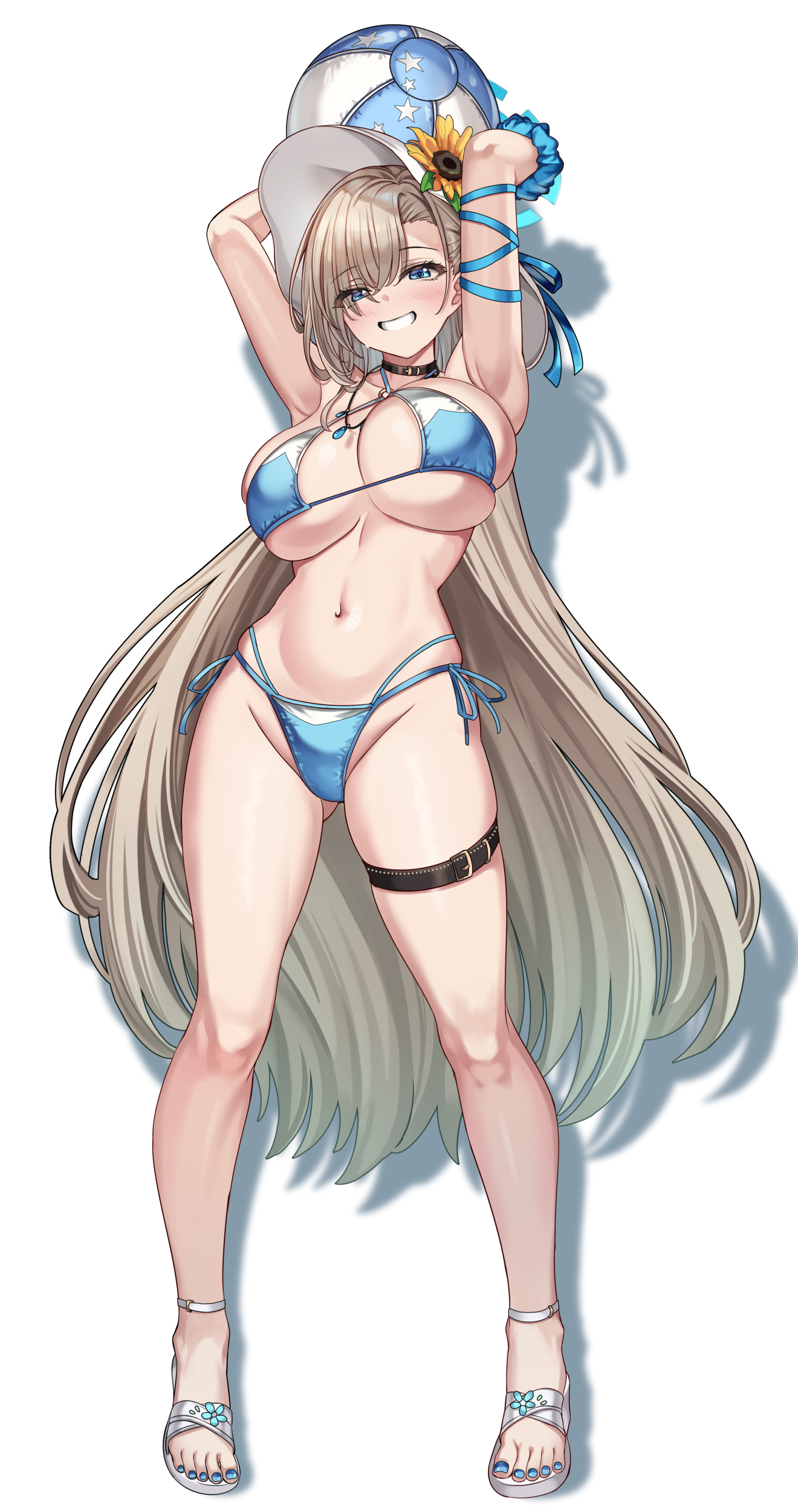 cenangam, asuna (blue archive), blue archive, absurdres, commentary, highres, symbol-only commentary, 1girl, alternate costume, armpits, arms up, ball, beachball, bikini, black choker, blue bikini, blue eyes, blue nails, blue ribbon, blush, breasts, choker, curvy, full body, gluteal fold, grin, halo, hat, holding, holding above head, holding ball, holding beachball, large breasts, long hair, looking at viewer, nail polish, navel, ribbon, sandals, scrunchie, side-tie bikini bottom, sideboob, simple background, skindentation, smile, solo, standing, stomach, swimsuit, thigh strap, thighs, toenail polish, toenails, toes, underboob, very long hair, white background, white hat, white sandals, wrist scrunchie