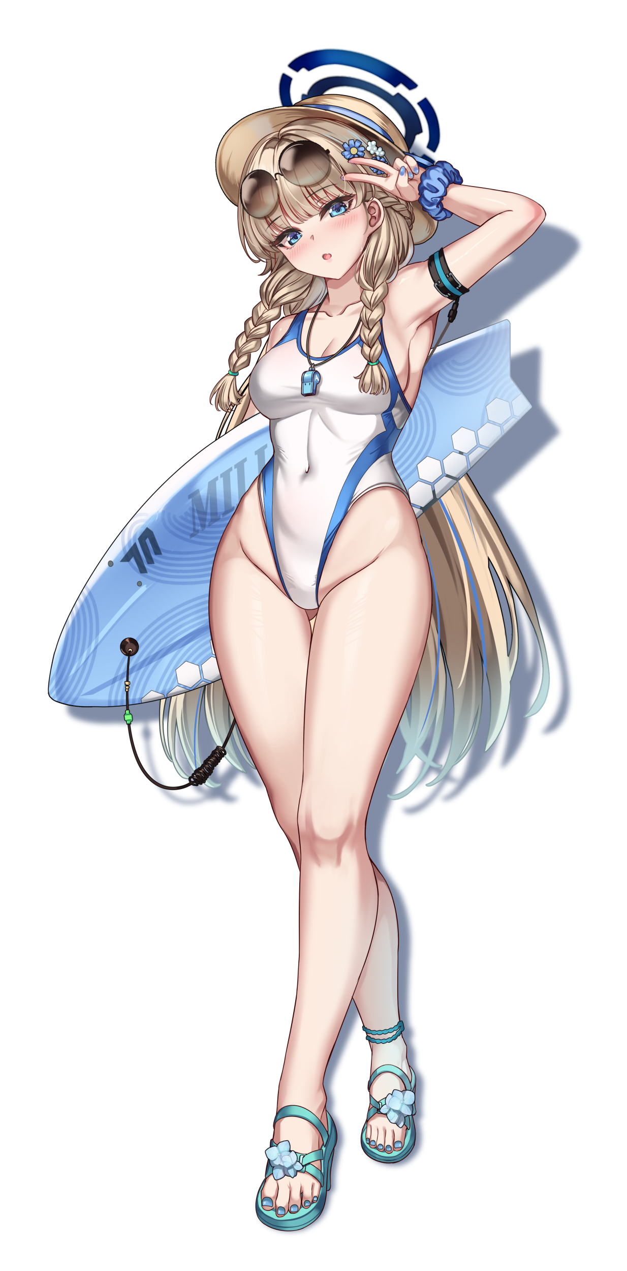 cenangam, toki (blue archive), blue archive, absurdres, highres, 1girl, alternate costume, alternate hairstyle, arm strap, arm up, bare shoulders, blonde hair, blue eyes, blue halo, blue nails, blue scrunchie, blush, braid, breasts, covered navel, eyewear on head, full body, gluteal fold, green sandals, hair ornament, halo, hat, highleg, highleg one-piece swimsuit, holding, large breasts, long hair, medium hair, nail polish, one-piece swimsuit, open mouth, sandals, scrunchie, simple background, solo, standing, sunglasses, swimsuit, thighs, toes, twin braids, v, very long hair, whistle, whistle around neck, white background, white one-piece swimsuit, wrist scrunchie