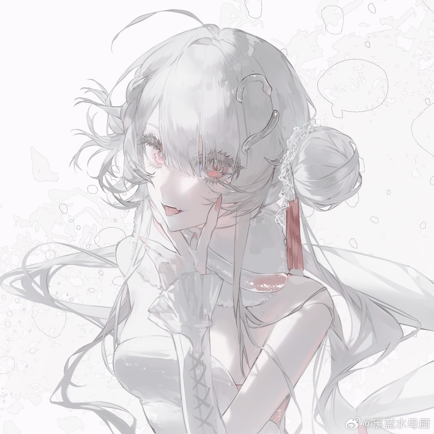 original, highres, ahoge, bare shoulders, breasts, detached sleeves, double bun, dress, fang, fingernails, fur collar, fur trim, hair between eyes, hair bun, hair ornament, heilanshuimuchu, long hair, long sleeves, looking at viewer, open mouth, pink eyes, pink nails, scarf, simple background, smile, strapless, tassel, tongue, tongue out, upper body, v, white background, white dress, white hair