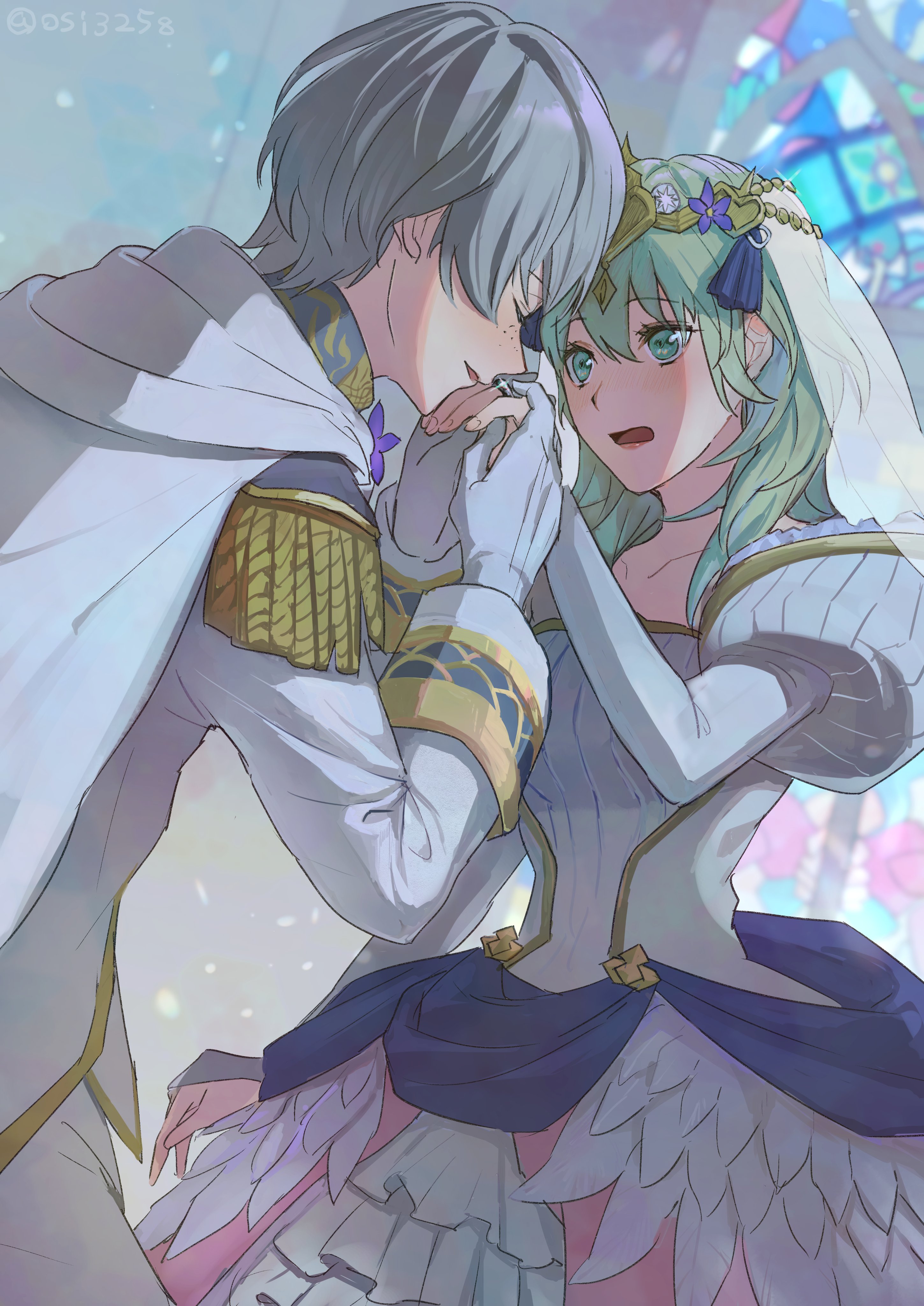 ushiomi, ashe ubert, female byleth (enlightened) (fire emblem), female byleth (fire emblem), fire emblem, fire emblem: three houses, nintendo, absurdres, highres, 1boy, 1girl, breasts, bridal veil, cape, couple, dress, green eyes, green hair, hetero, kiss, kissing hand, large breasts, medium hair, open mouth, surprised, veil, wedding dress, white cape, white dress