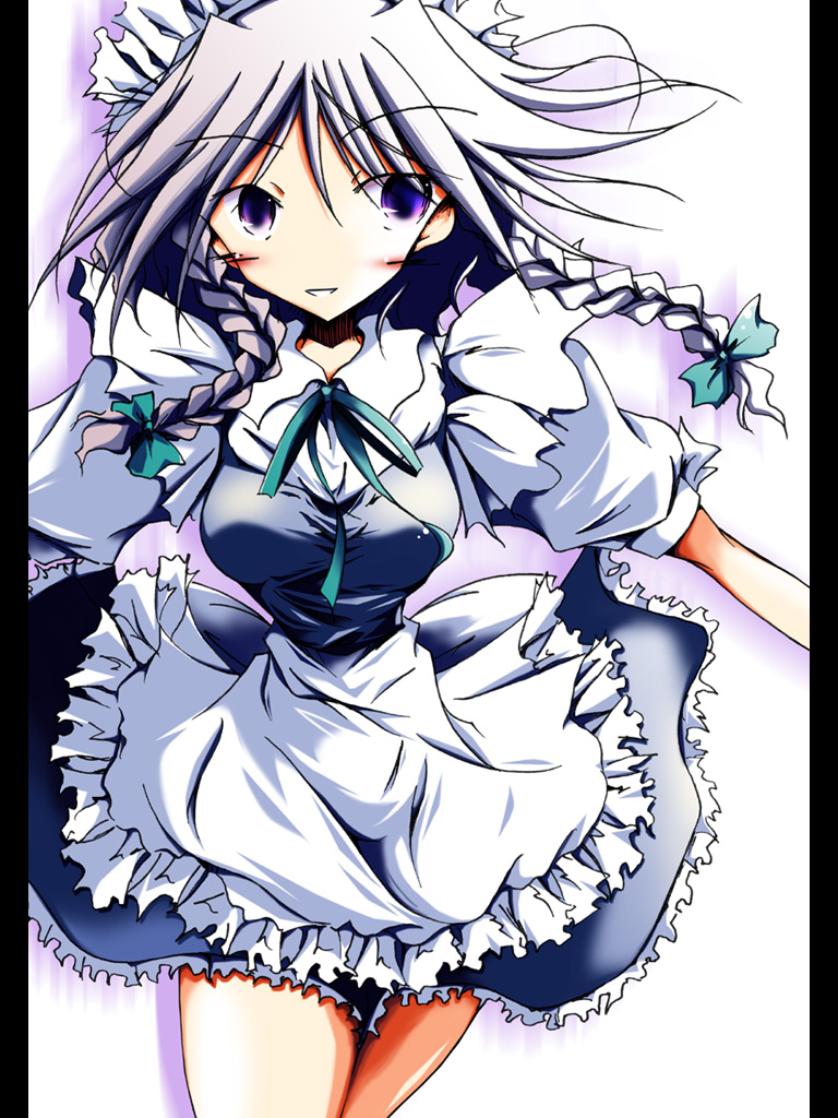 mashiroyu, izayoi sakuya, touhou, 1girl, blue eyes, braid, female focus, maid, maid headdress, puffy short sleeves, puffy sleeves, short hair, short sleeves, solo, twin braids, white hair