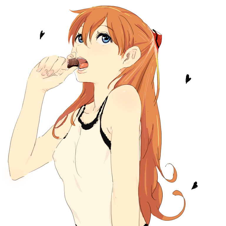 mebae, souryuu asuka langley, neon genesis evangelion, 1girl, bare shoulders, blue eyes, chocolate, eating, female focus, flat chest, heart, long hair, orange hair, solo, valentine