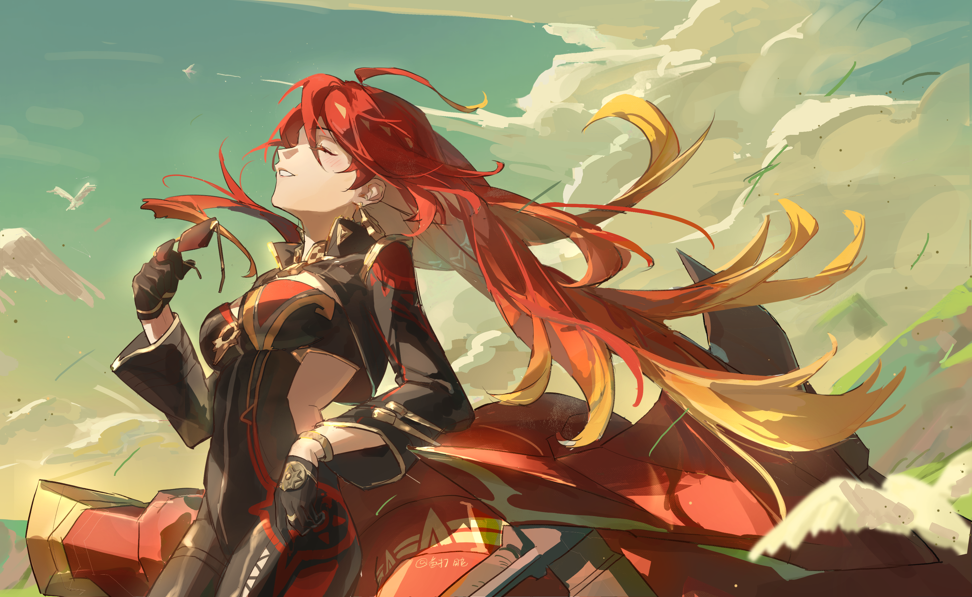yuuz123, mavuika (genshin impact), genshin impact, absurdres, commentary request, highres, 1girl, biker clothes, bikesuit, bird, black bodysuit, black gloves, bodysuit, breasts, closed eyes, cloud, earrings, gloves, half gloves, holding, holding removed eyewear, jewelry, large breasts, leaning back, long hair, motor vehicle, motorcycle, orange hair, parted lips, sky, solo, sun earrings, unworn eyewear, very long hair
