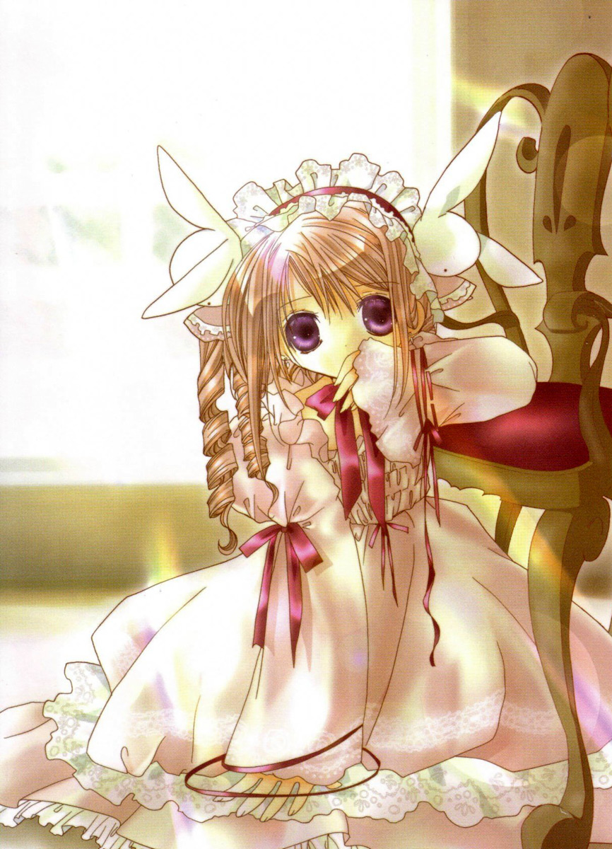 koge donbo, misha, misha (pita ten), pita ten, highres, official art, scan, 1girl, chair, covering own mouth, dress, female focus, hair ornament, hairband, indoors, lolita fashion, lolita hairband, long hair, long sleeves, looking at viewer, pink dress, purple eyes, rabbit hair ornament, ringlets, sitting, solo