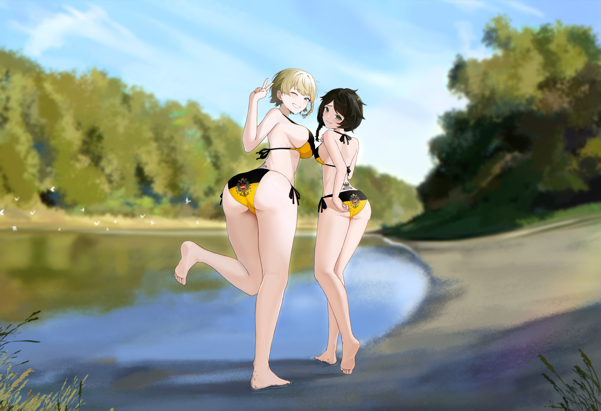 lendivere, original, commission, highres, 2girls, ass, ass focus, asymmetrical sidelocks, barefoot, beach, bikini, bird, black hair, blonde hair, blue sky, blunt bangs, bow, breasts, cloud, cloudy sky, day, dirty, dirty feet, flag print, flag print bikini, forest, from behind, full body, grass, green eyes, imperial austrian flag, imperial austrian flag bikini, lake, landscape, large breasts, looking at viewer, messy hair, multiple girls, myroslava bozhuk, nature, one eye closed, outdoors, print bikini, reflection, reflective water, revealing clothes, running, sand, scenery, short hair, sidelocks, size difference, sky, smile, swimsuit, teeth, tree, upper teeth only, v, water