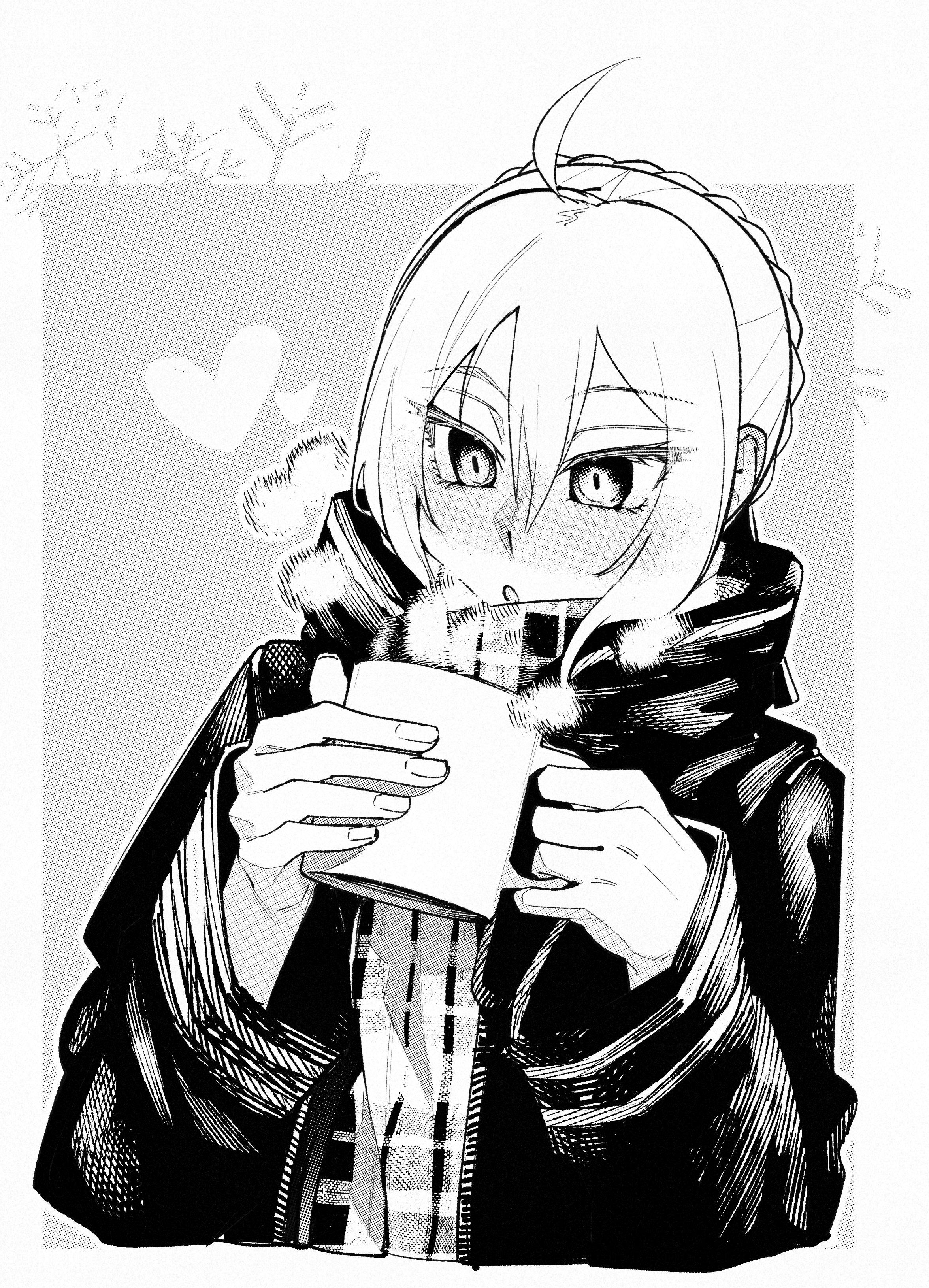 kamisato sora, artoria pendragon (fate), mysterious heroine x alter (fate), mysterious heroine x alter (first ascension) (fate), fate/grand order, fate (series), absurdres, highres, :o, ahoge, ben-day dots, blush, cup, eyes visible through hair, greyscale, halftone, heart, holding, holding cup, jacket, monochrome, mug, parted lips, plaid clothes, plaid scarf, scarf, screentones, upper body