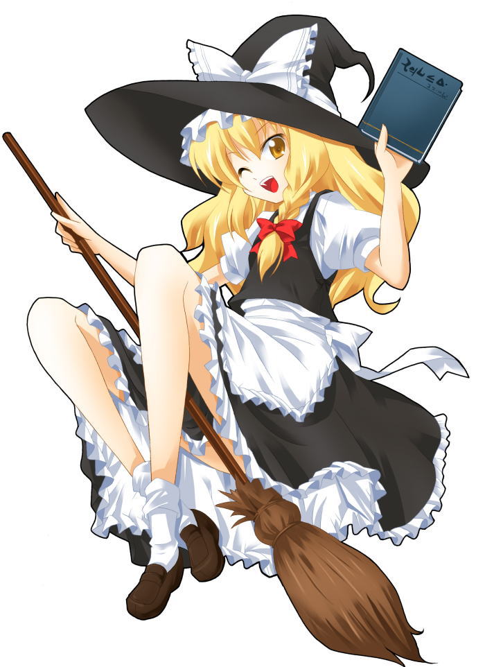 michii yuuki, kirisame marisa, touhou, 1girl, book, broom, broom riding, brown shoes, female focus, full body, hat, one eye closed, shoes, simple background, skirt, solo, white background, wink