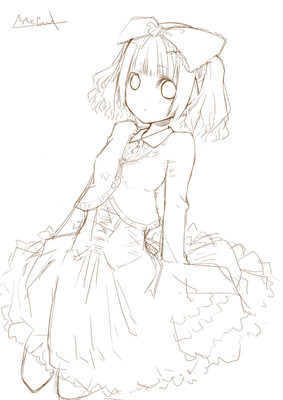 tukimiti, tagme, 1girl, dress, female focus, monochrome, ribbon, solo