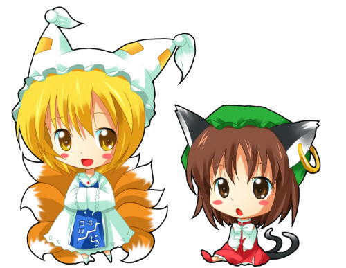 michii yuuki, chen, yakumo ran, touhou, lowres, 2girls, animal ears, animal hat, blonde hair, brown eyes, brown hair, cat ears, cat girl, cat tail, chibi, earrings, female focus, fox tail, hands in opposite sleeves, hat, jewelry, long sleeves, mob cap, multiple girls, multiple tails, short hair, tail, tassel, white background, wide sleeves, yellow eyes