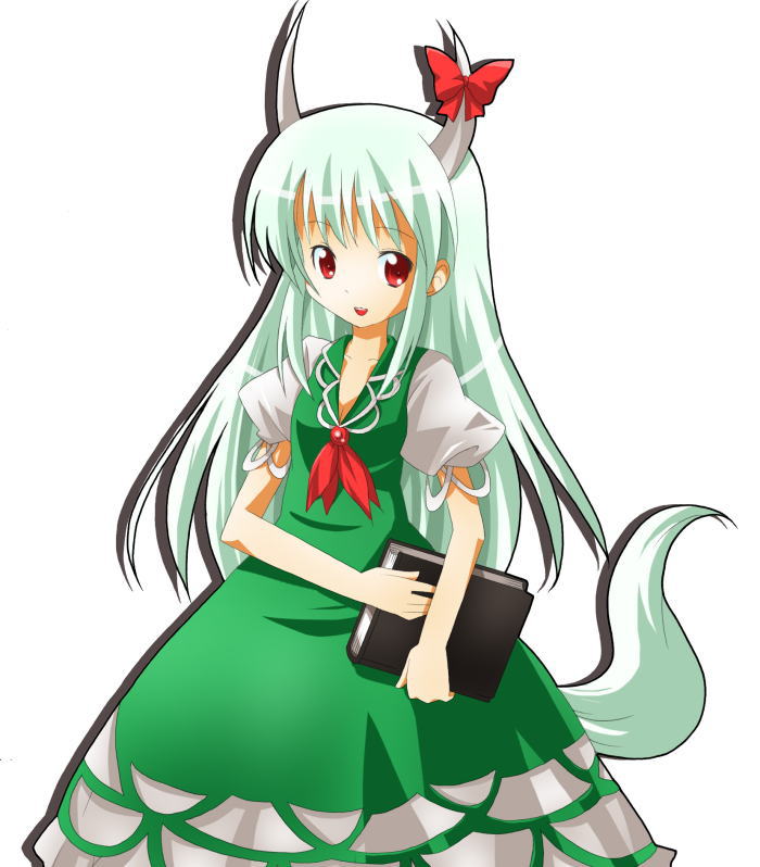 michii yuuki, ex-keine, kamishirasawa keine, touhou, 1girl, book, female focus, horn ornament, horn ribbon, horns, ribbon, simple background, solo, standing, white background