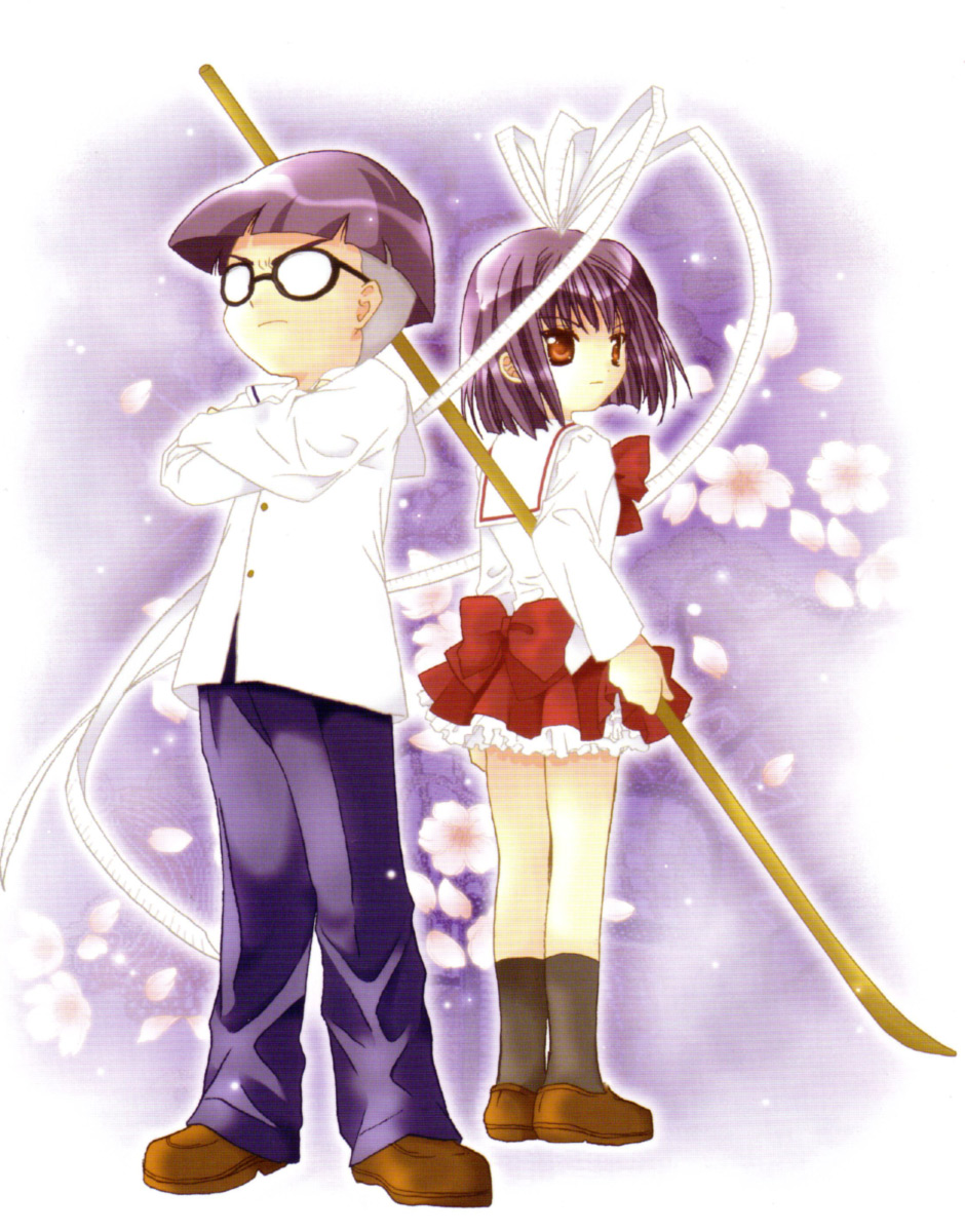 koge donbo, mitarai hiroshi, mitarai kaoru, pita ten, highres, 1boy, 1girl, back-to-back, black socks, blunt bangs, blush, brown eyes, collared shirt, crossed arms, denim, glasses, hair ribbon, hidden eyes, jeans, kneehighs, loafers, long sleeves, looking back, opaque glasses, pants, ribbon, shirt, shoes, socks, white ribbon, white shirt