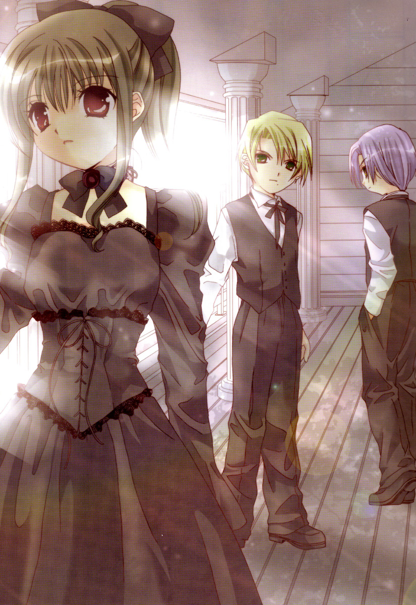 koge donbo, shia, ayanokoji takashi, higuchi kotarou, shia (pita ten), pita ten, highres, 1girl, 2boys, black bow, black bowtie, black ribbon, blonde hair, blue hair, bow, bowtie, brown eyes, brown hair, day, dress, formal clothes, green eyes, hands in pockets, indoors, light rays, long sleeves, multiple boys, pants, ribbon, standing, suit, sunlight, window
